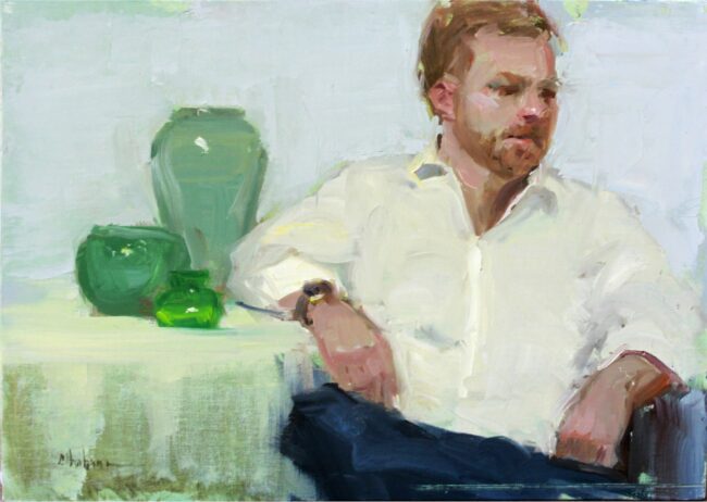 Nancy Chaboun Painting James With Green Jars Unframed Oil Sketch