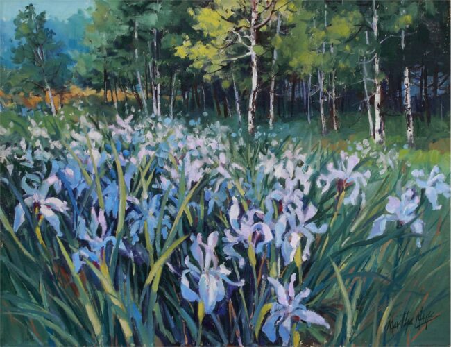 Martha Mans Painting Mountain Irises Oil on Canvas