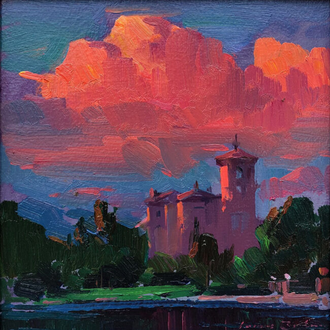 Ovanes Berberian Painting Sunset Over Broadmoor Oil on Board