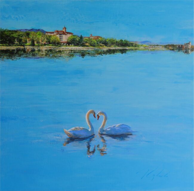 Greg Ragland Painting Two Broadmoor Swans Acrylic on Canvas