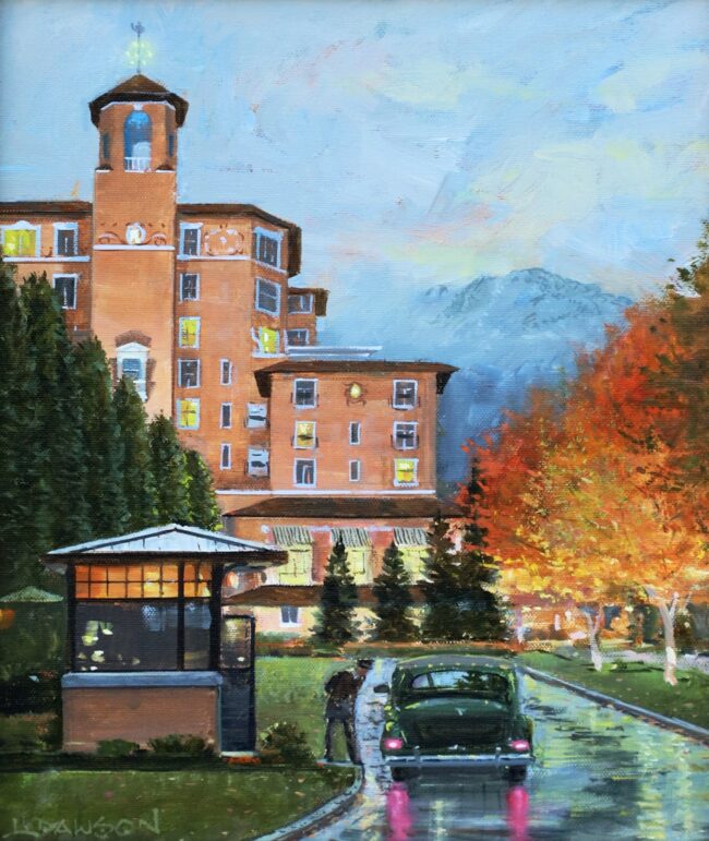 Lindsay Dawson Painting Autumn Elegance at the Broadmoor Oil on Panel