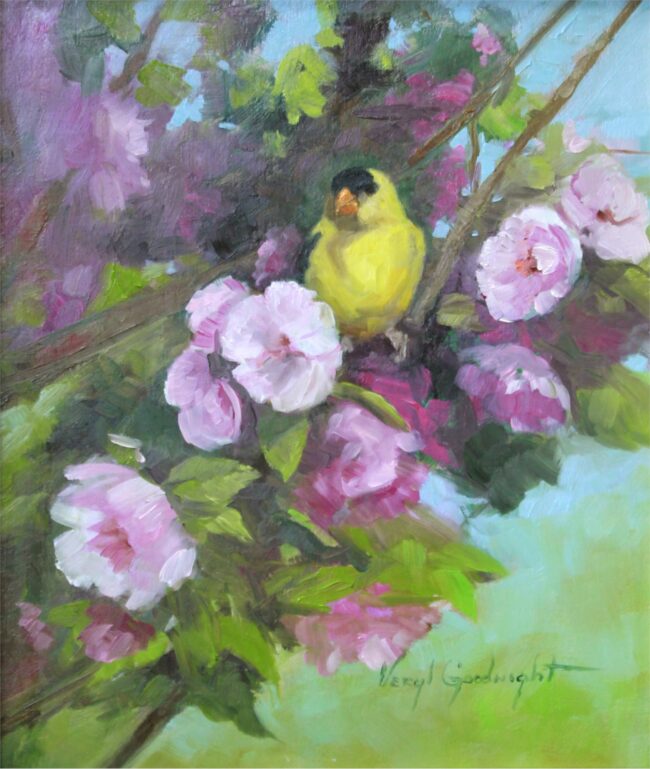 Veryl Goodnight Painting Goldfinch and Apple Blossoms Oil on Board