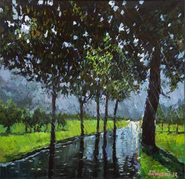 Alexandr Onishenko Painting Hiding from the Rain Oil on Canvas