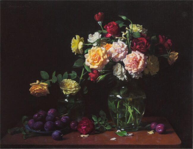 Benjamin Wu Painting Rose Arrangement with Plums Oil on Canvas