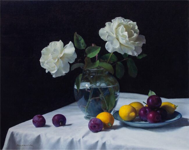 Benjamin Wu Painting White Roses with Lemons and Plums Oil on Canvas