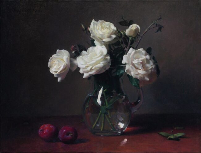 Benjamin Wu Painting White Roses with Plums Oil on Canvas