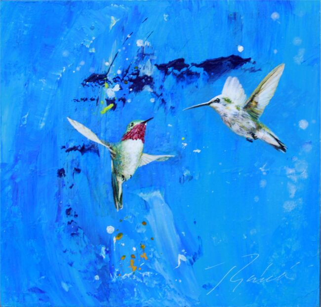 Greg Ragland Painting Hummingbirds in Blue With Orange Acrylic on Panel