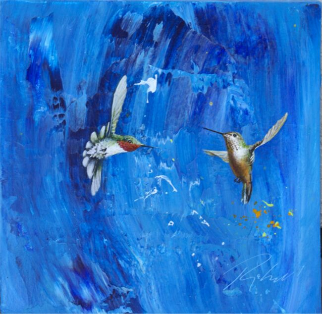 Greg Ragland Painting Hummingbirds in Blue With Orange and Green Acrylic on Panel
