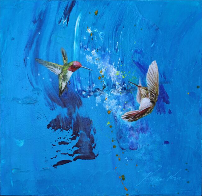 Greg Ragland Painting Hummingbirds in Blue With White Acrylic on Panel
