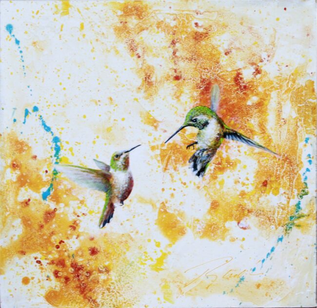 Greg Ragland Painting Hummingbirds in Cream With Blue Acrylic on Panel