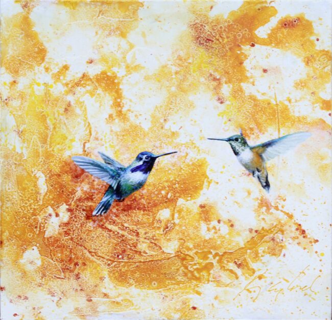 Greg Ragland Painting Hummingbirds in Cream and Orange Acrylic on Panel