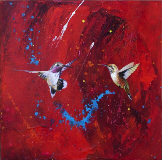 Greg Ragland Painting Hummingbirds in Red With Blue Acrylic on Panel