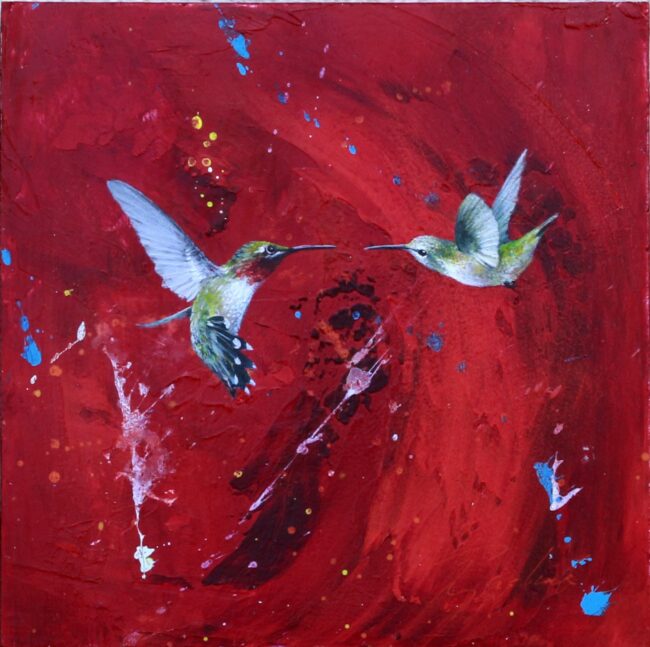 Greg Ragland Painting Hummingbirds in Red With Blue and White Acrylic on Panel