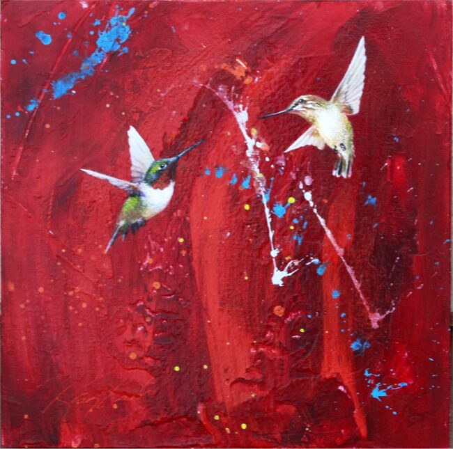 Greg Ragland Painting Hummingbirds in Red With Blue and Yellow Acrylic on Panel