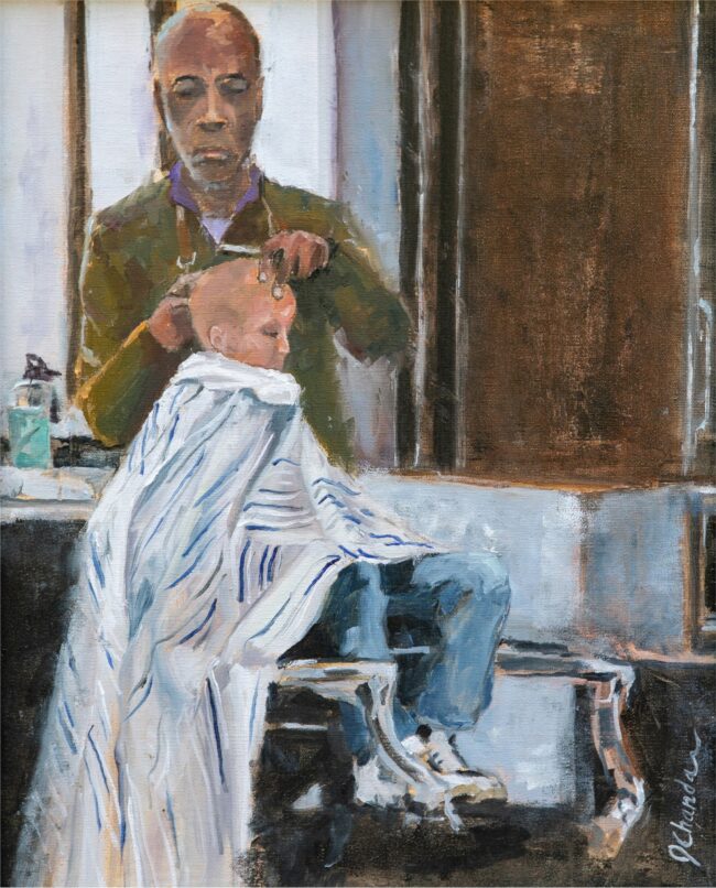 Jacqueline Chanda Painting The Barbershop Oil on Panel