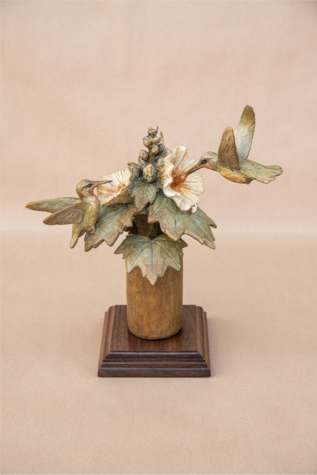 Margery Torrey Sculpture Bronze Beauties; Hummingbirds and Hollyhocks Bronze