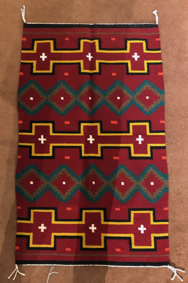 Navajo Weaving Textiles Red and Yellow Crosses with Blue Diamonds Weaving
