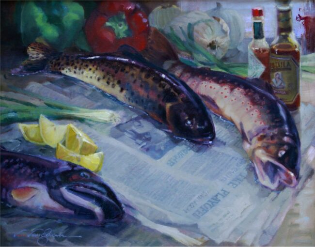 V.... Vaughan Painting Fish Story Oil on Board