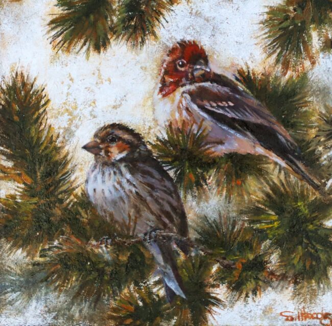 Sarah Woods Painting Winter Finch Oil and Sterling Silver Leaf on Board