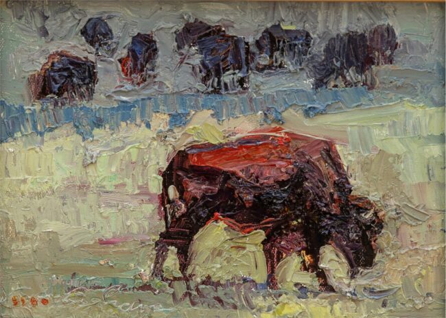 V.... Vaughan Painting American Bison Oil on Linen Board