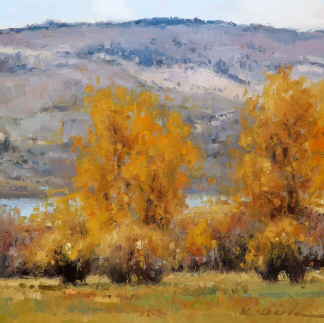 Kate Kiesler Painting Autumn Cottonwoods Oil on Board