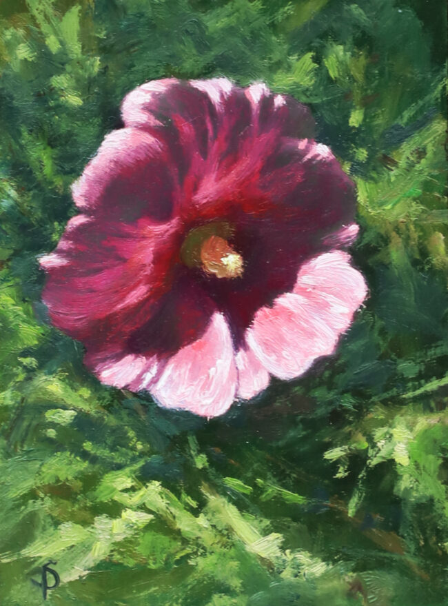 Sarah Phippen Painting Hollyhocks Out of the Shade Oil on Linen