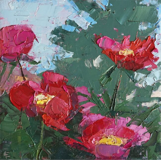 Attie Schuler Painting Pink Peonies Oil on Panel