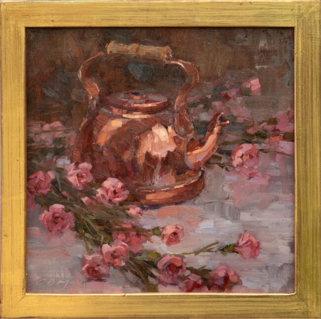 Chula Beauregard Painting Carnations and Copper Oil on Linen Panel