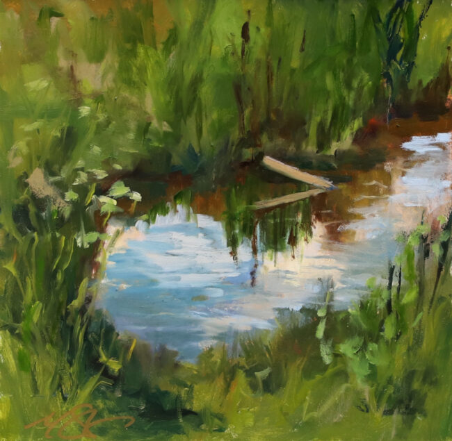 Mallory Sharp Painting Fishing Hole Oil on Canvas