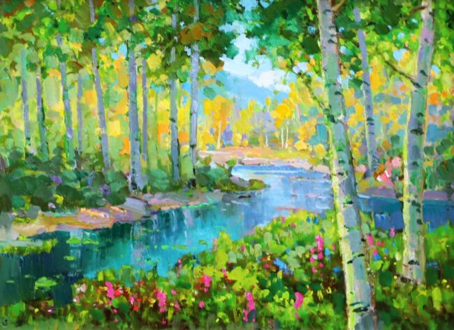 Shundong Yang Painting Aspen Grove Oil on Canvas