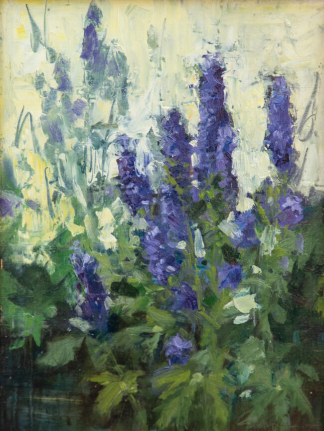 Susie Hyer  Chapel Delphiniums Oil on Board