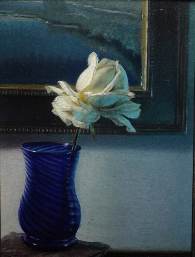 Tanner Steed Painting White Rose and Blue Vase Oil on Board