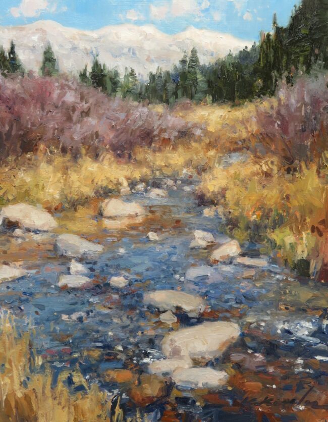 Kate Kiesler Painting Alpine Stream Oil on Board