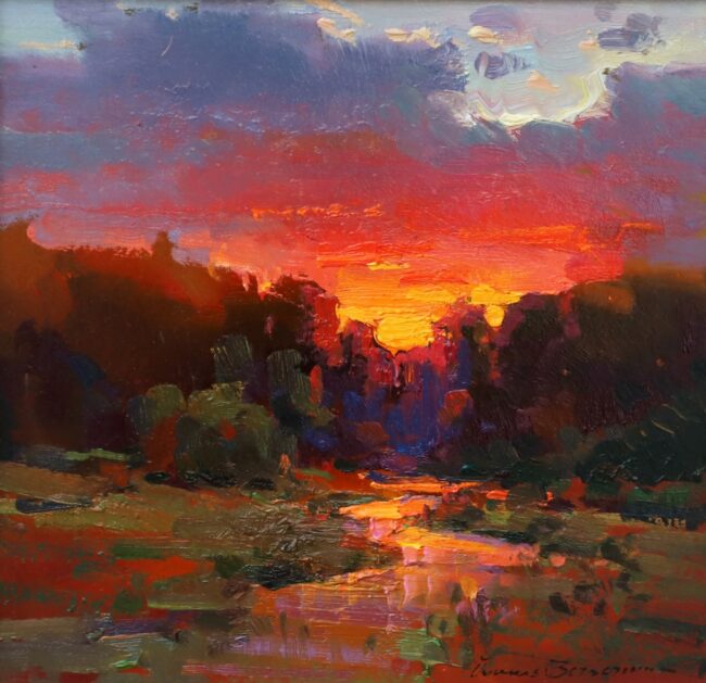 Ovanes Berberian Painting Sunset by the River Oil on Panel