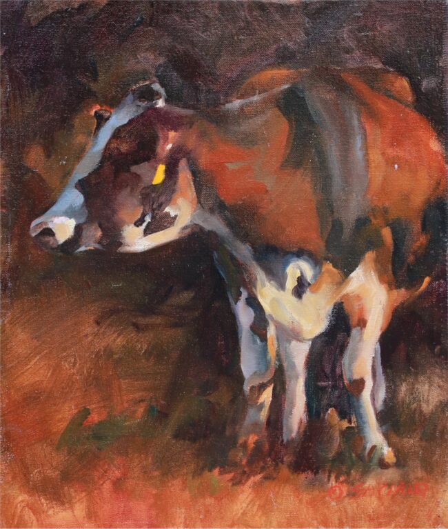 Linda St. Clair Painting Dark Cow Oil on Board